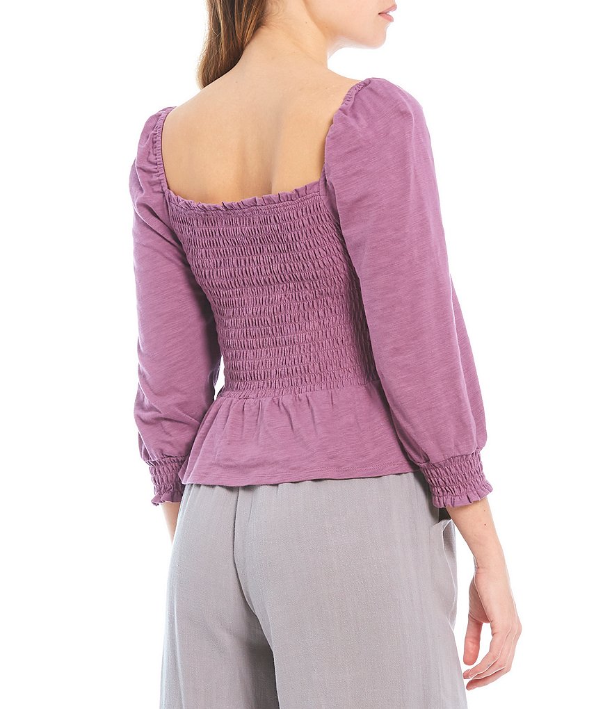 Shabby Chic Derby Slub Knit Square Neck Smocked Long Sleeve Flounce Hem Top