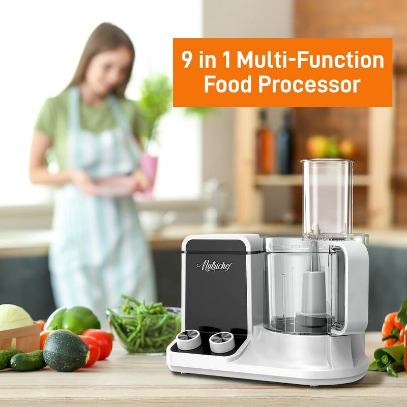 NutriChef NCFP8 Multipurpose 12 Cup Multi Function Kitchen Countertop Food Processor with 6 Attachment Accessory Blades, White