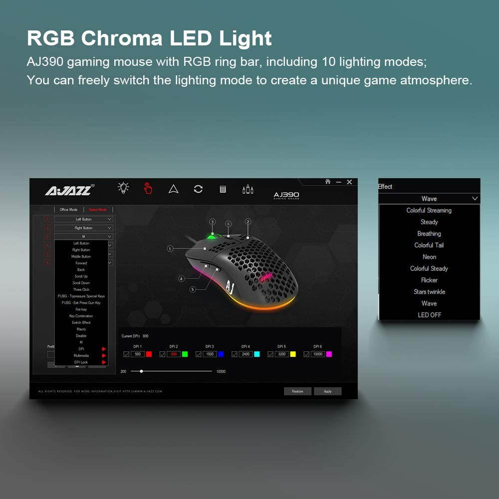 A-jazz AJ390 Gaming Mouse with 16,000 DPI Optical Sensor Chroma RGB Lighting,69g Lightweight Honeycomb Shell, Ultraweave Cable,6 Programmable Buttons for PC Gamer