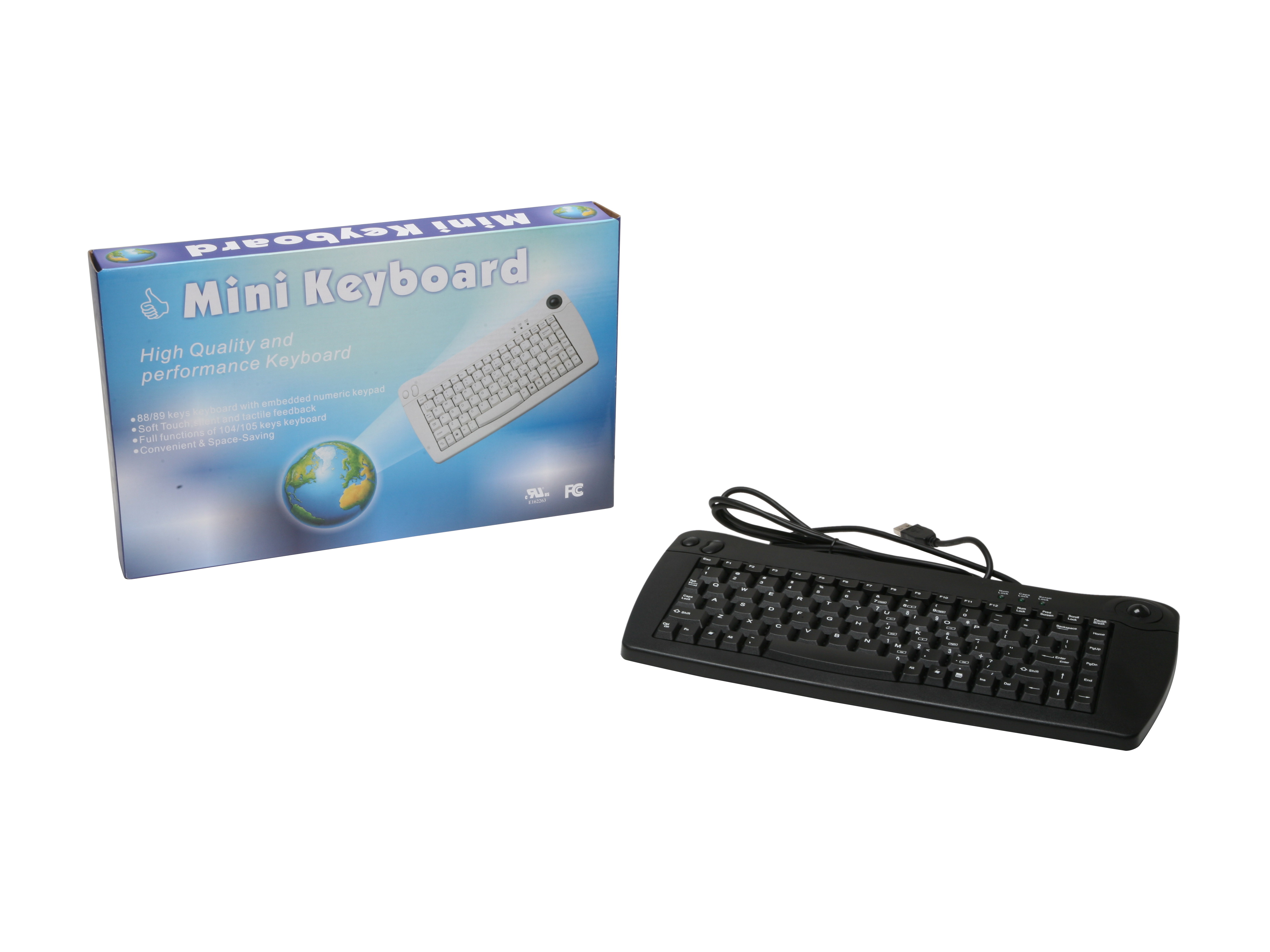 SolidTek KB-5010BU Black USB Wired Mini Keyboard Built-in Trackball