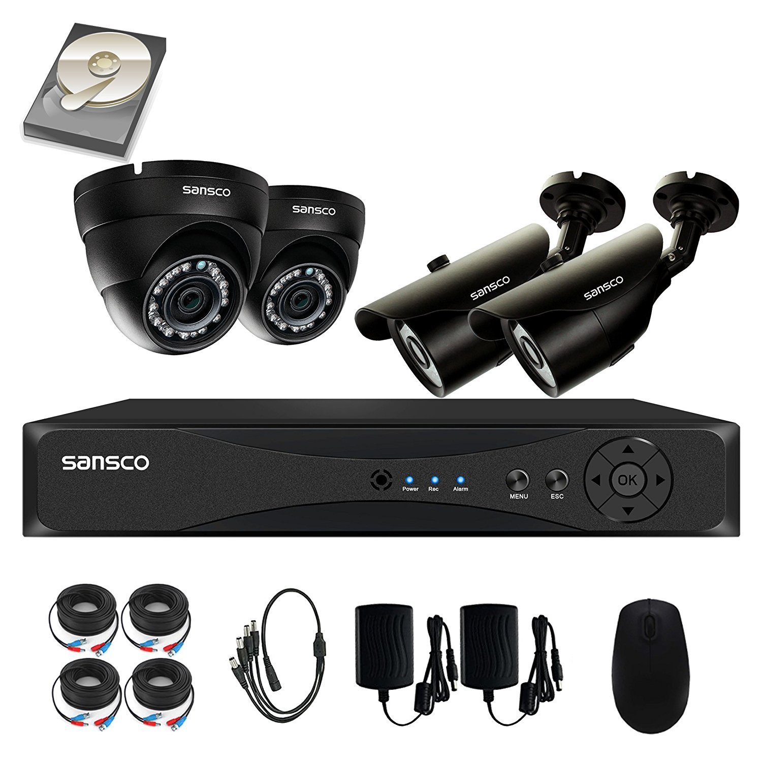 SANSCO Security Camera System with 1080P  4-Channel DVR, 2 Bullet Cameras and 2 Dome Cameras (All HD 1080p 2MP), and 1TB Internal Hard Drive Disk - All-in-One Surveillance Camera Kit
