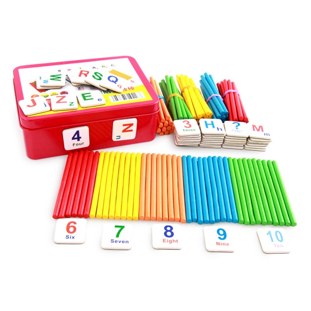 Children's Arithmetic Stick Wooden Counting Sticks Rods Early Educational Toy with a Metal Storage Box for Kids Toddlers Preschoolers