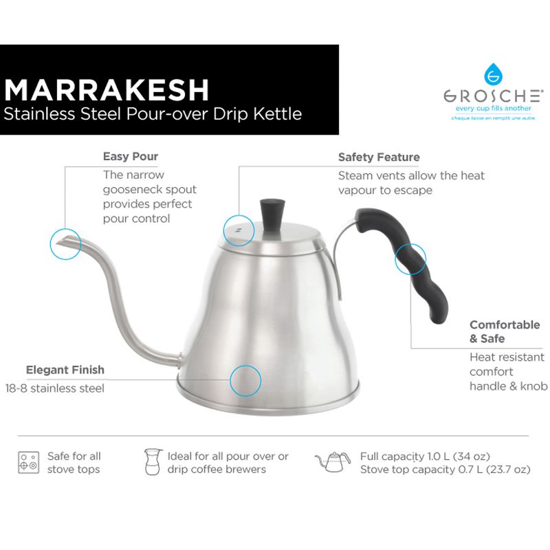 GROSCHE MARRAKESH Stainless Steel Gooseneck Pour Over Dripper Kettle , 34 fl oz. Capacity  
