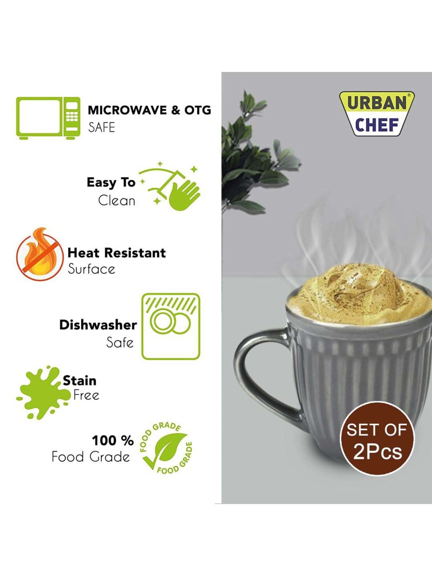Urban Chef Grey & Brown Ceramic Handcrafted Microwave Safe Tea Cup - Set of 2