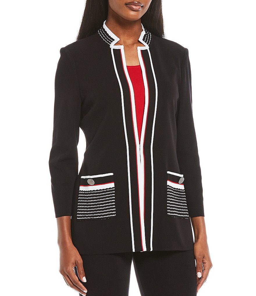Misook Bracelet Sleeve Mandarin Collar Multi Trim Two Pocket Jacket