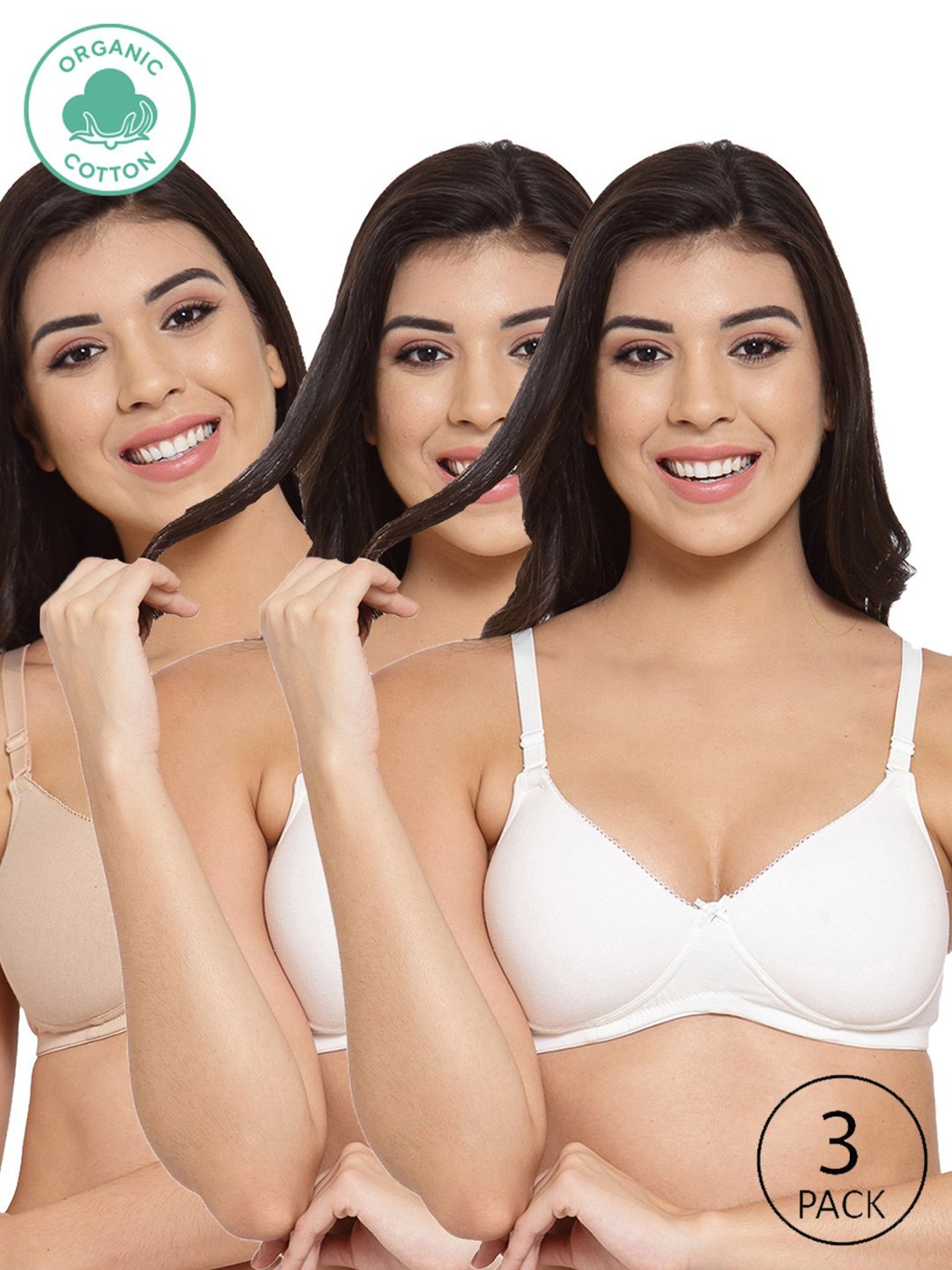 Inner Sense White & Beige Full Coverage T-Shirt Bra - Pack of 3