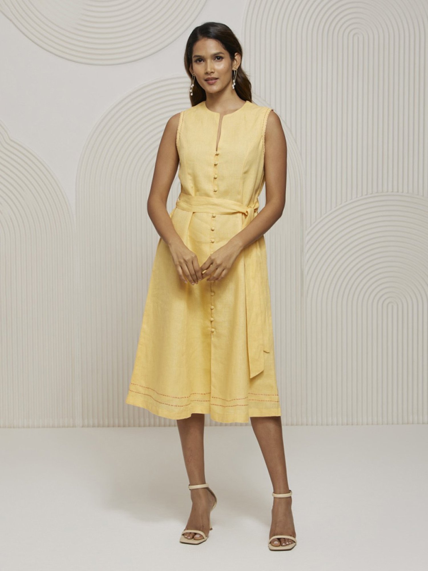 Artagai Yellow Front Open Fit and Flare Dress