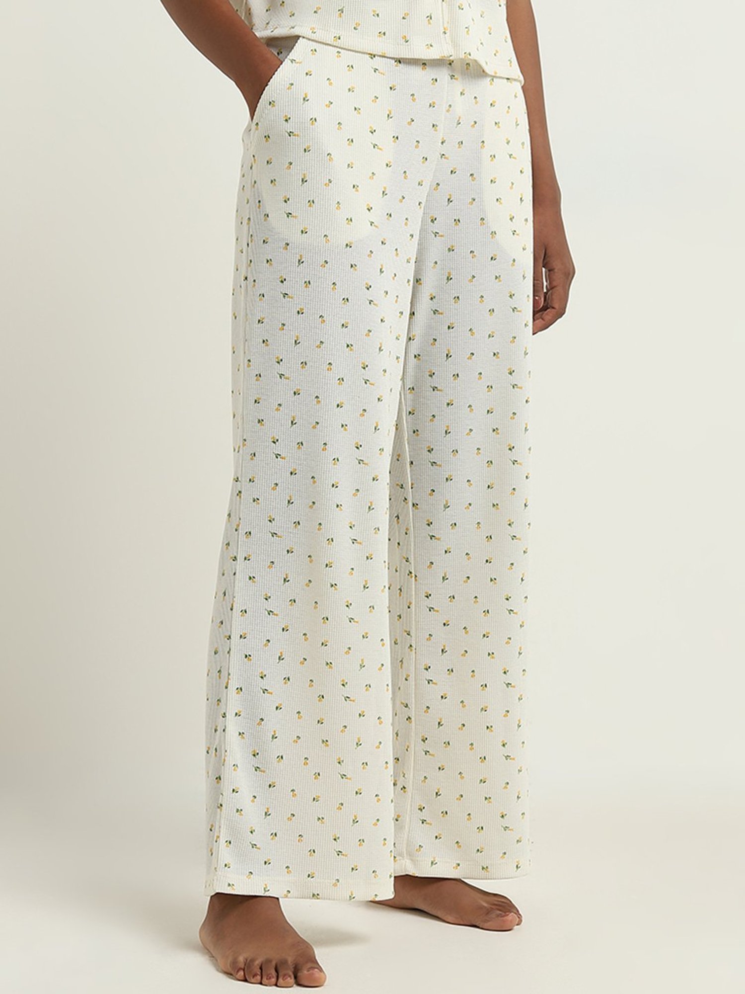 Superstar by Westside Ivory Floral Waffle-Textured Mid-Rise Pants