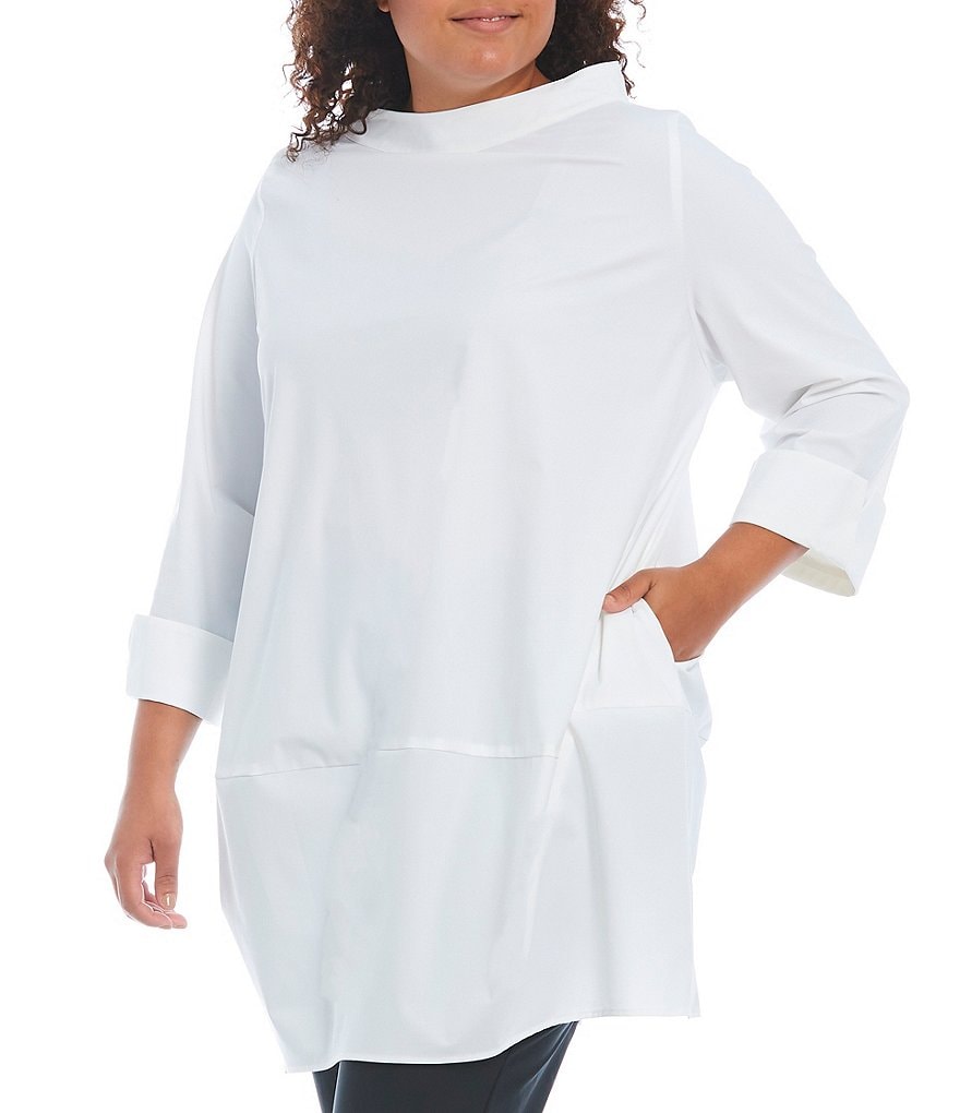 IC Collection Plus Size Stretch Woven Funnel Neck Stand Collar 3/4 Sleeve Tunic