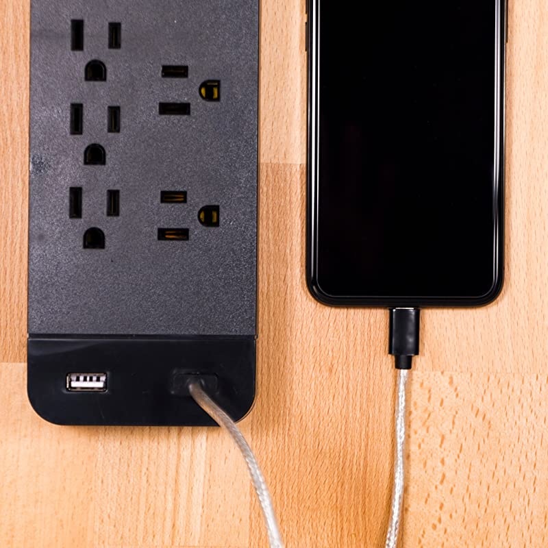 Black, Strip Sur Protector Charr, 7 Outlets, 2 USB Ports, Fast Char, Flat Plug, Long Power Cord, 3 Feet, Wall Mount, Warranty, 37054, 3 Ft
