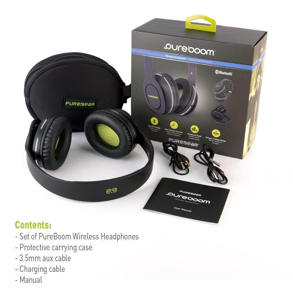 PureGear PureBoom Wireless Bluetooth 4.1 Over Head Foldable Adjustable Stereo Over Ear Headphones w/ Built-in Mic and Wired Mode for PC/ Cell Phones/ TV, Black