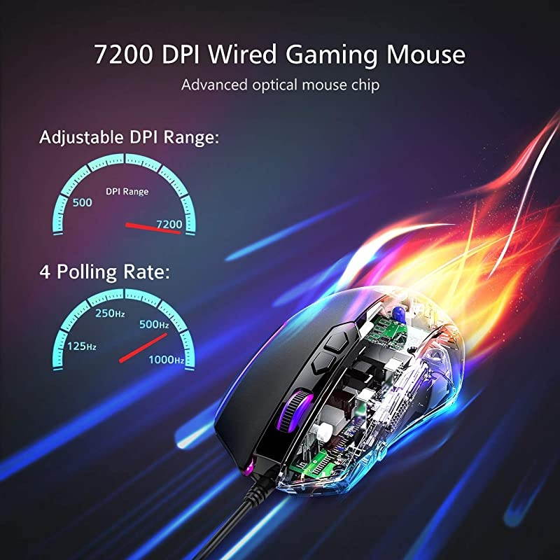 Gaming Mouse Wired, 8 Programmable Buttons, Chroma RGB Backlit, 7200 DPI Adjustable, Comfortable Grip Ergonomic Optical PC Computer Gaming Mice with Fire Button, Black (Upgraded Version)