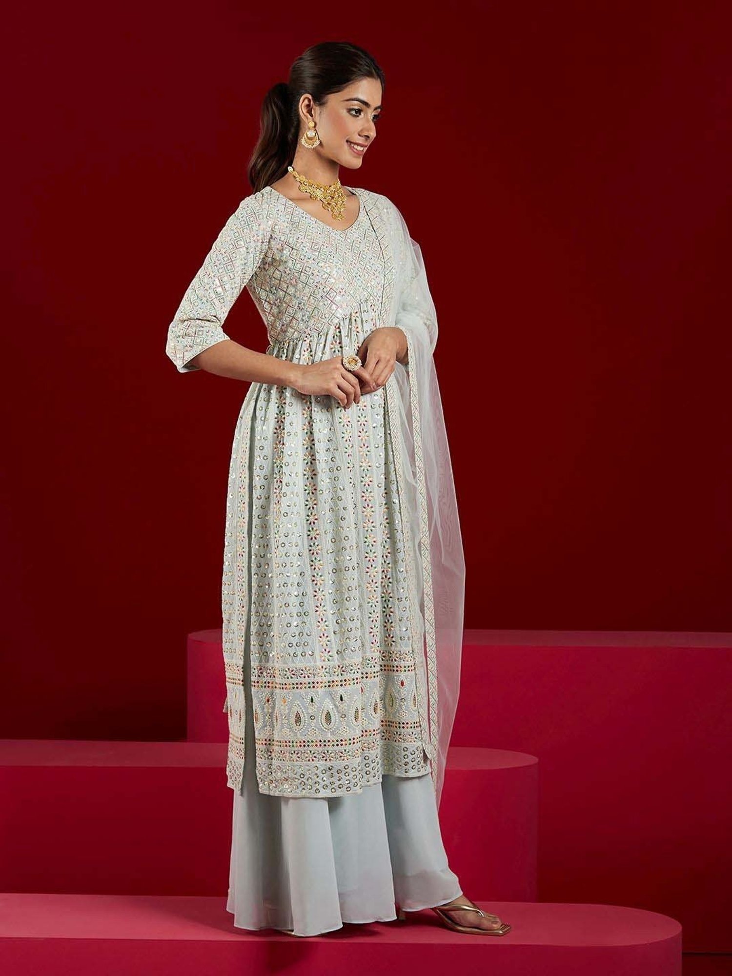 Libas Art Blue Embroidered Kurta Palazzo Set With Dupatta