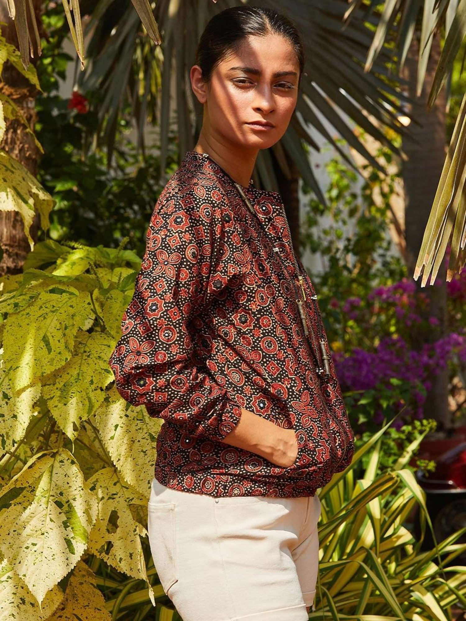 Okhai Maroon & Black Pure Cotton Embellished Bomber Jacket