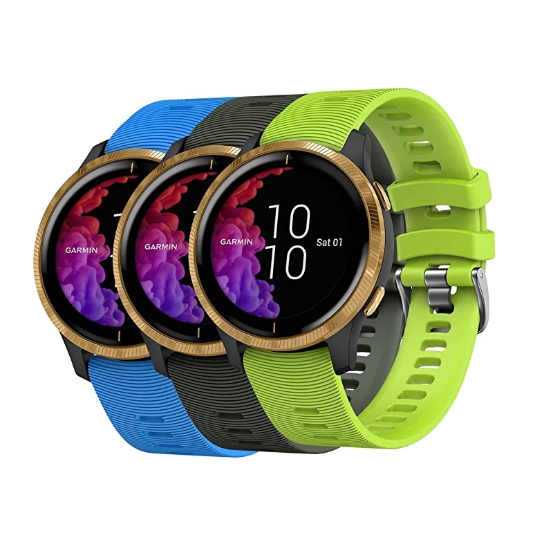 Garmin Venu GPS Smartwatch with AMOLED Display and Included  3 Straps Bundle (Black/Gold, Blue/Khaki/Lime)
