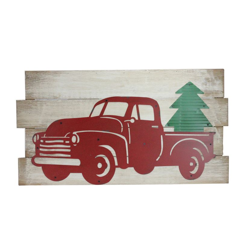 Raz Imports 28" Rustic Wood and Metal Red Truck Carrying Tree Wall Art