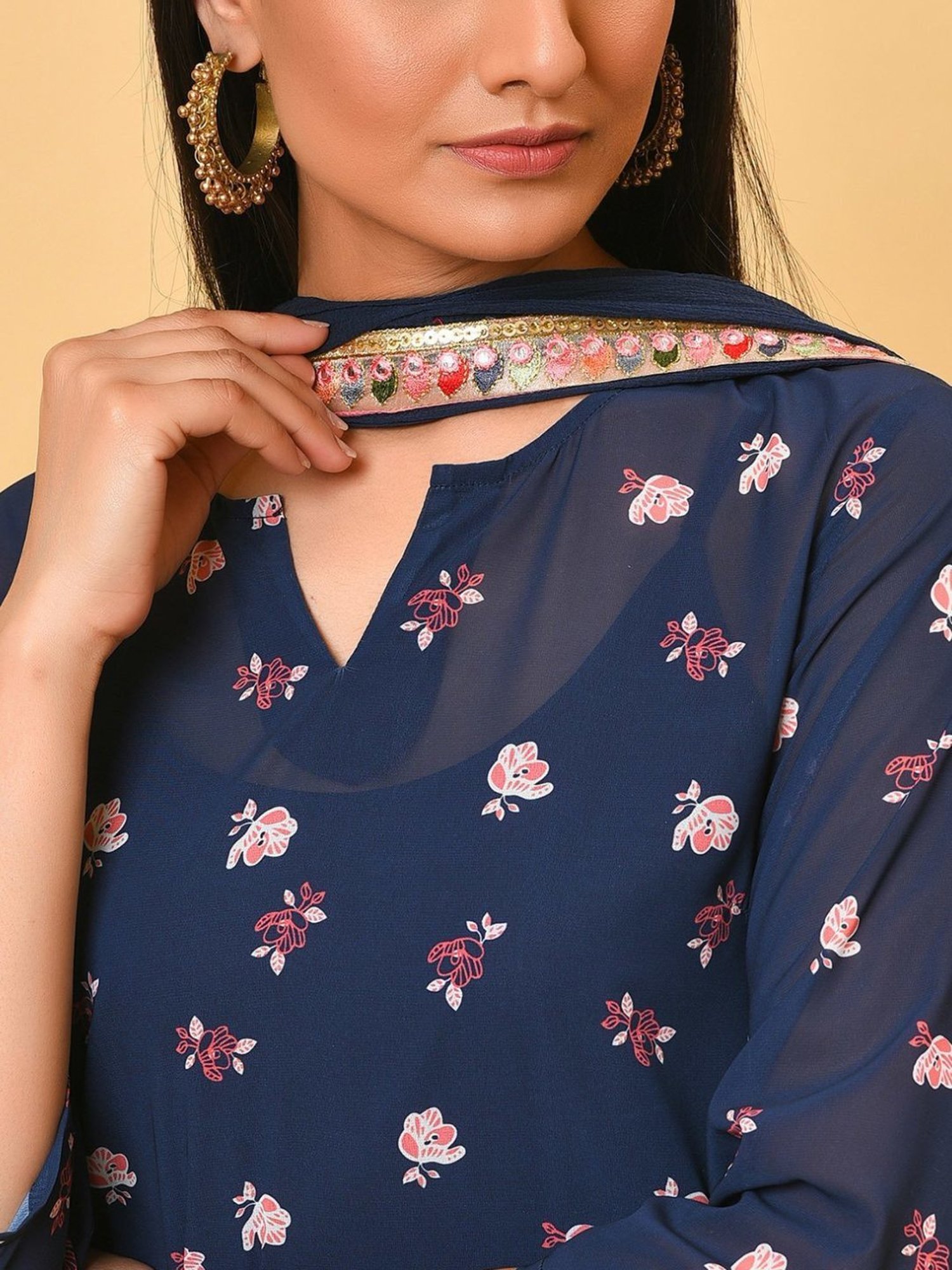 Nuhh Blue Printed Kurta with Churidar & Dupatta