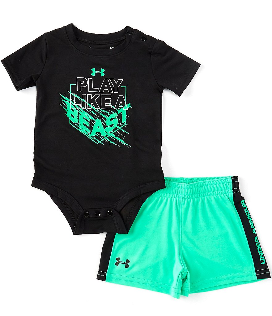 Under Armour Baby Boys Newborn-12 Months Short-Sleeve Solid Play Like A Beast Graphic Bodysuit & Racing-Stripe Shorts Set