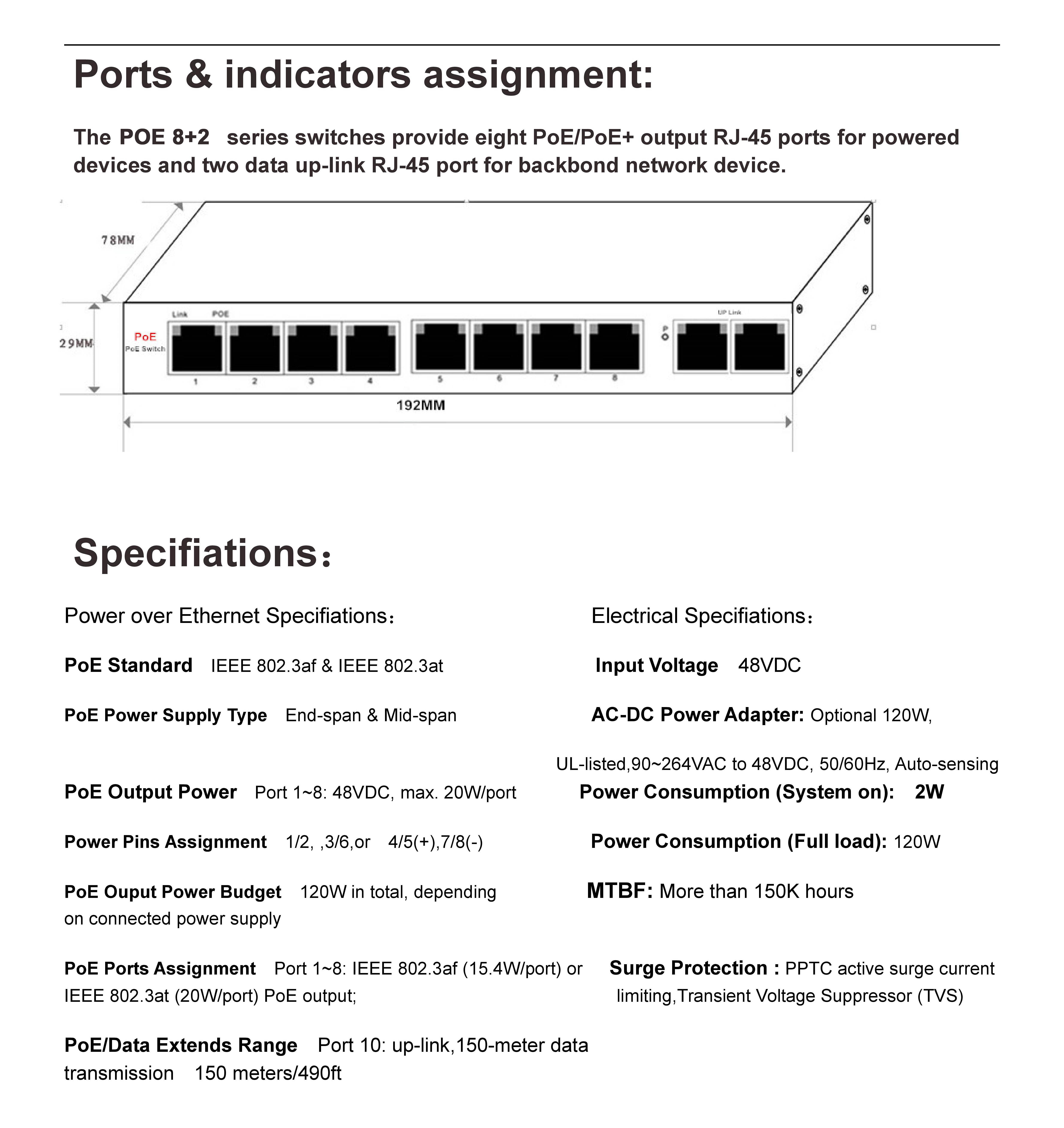 ESCAM 8CH POE Switch 10/100M 150m Distance 120W DC& 2Lan Port IP Camera CCTV System NVR POE Power Supply Adapter POE8CH