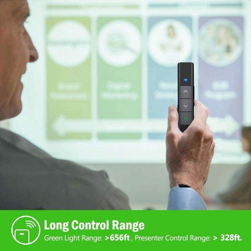 DinoFire Presentation Powerpoint Clicker Wireless Presenter Rechargeable Green Light USB Remote Control Hyperlink Volume Control Slide Advancer 2.4GHz with Case