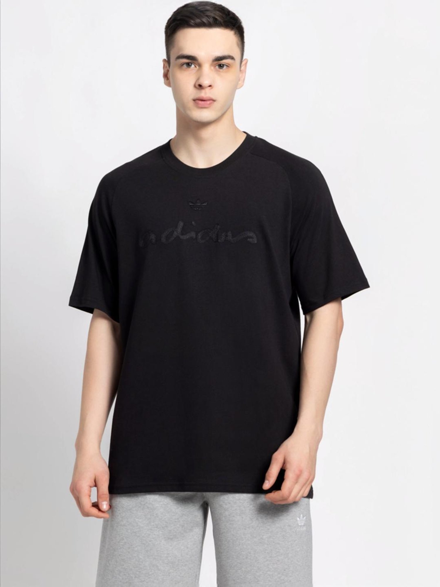 Adidas Originals Black Cotton Regular Fit Embroidered T-Shirt