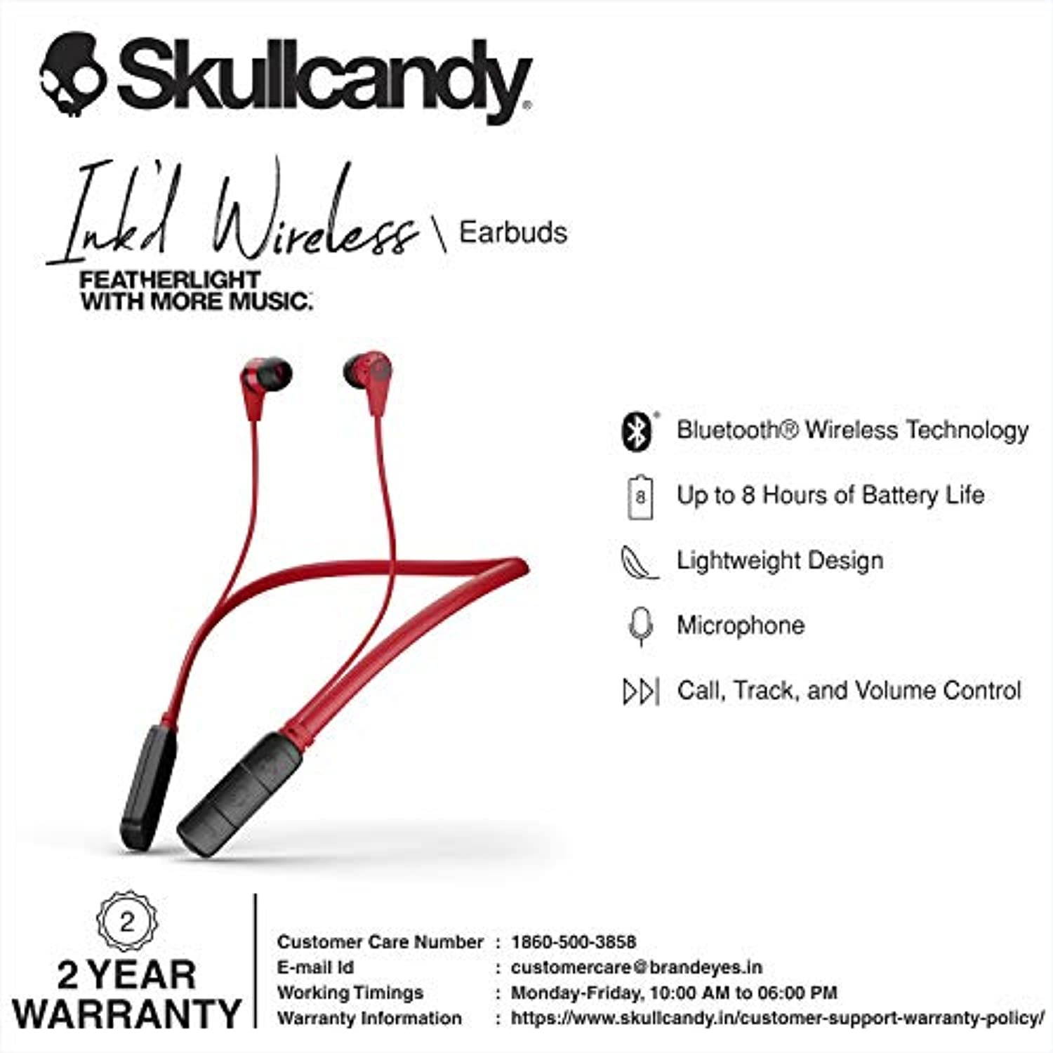 Skullcandy Ink'd Bluetooth Wireless Earbuds with Microphone, Noise Isolating Supreme Sound, 8-Hour Rechargeable Battery, Lightweight with Flexible Collar, Red/Black (SCS2IKW-J335)