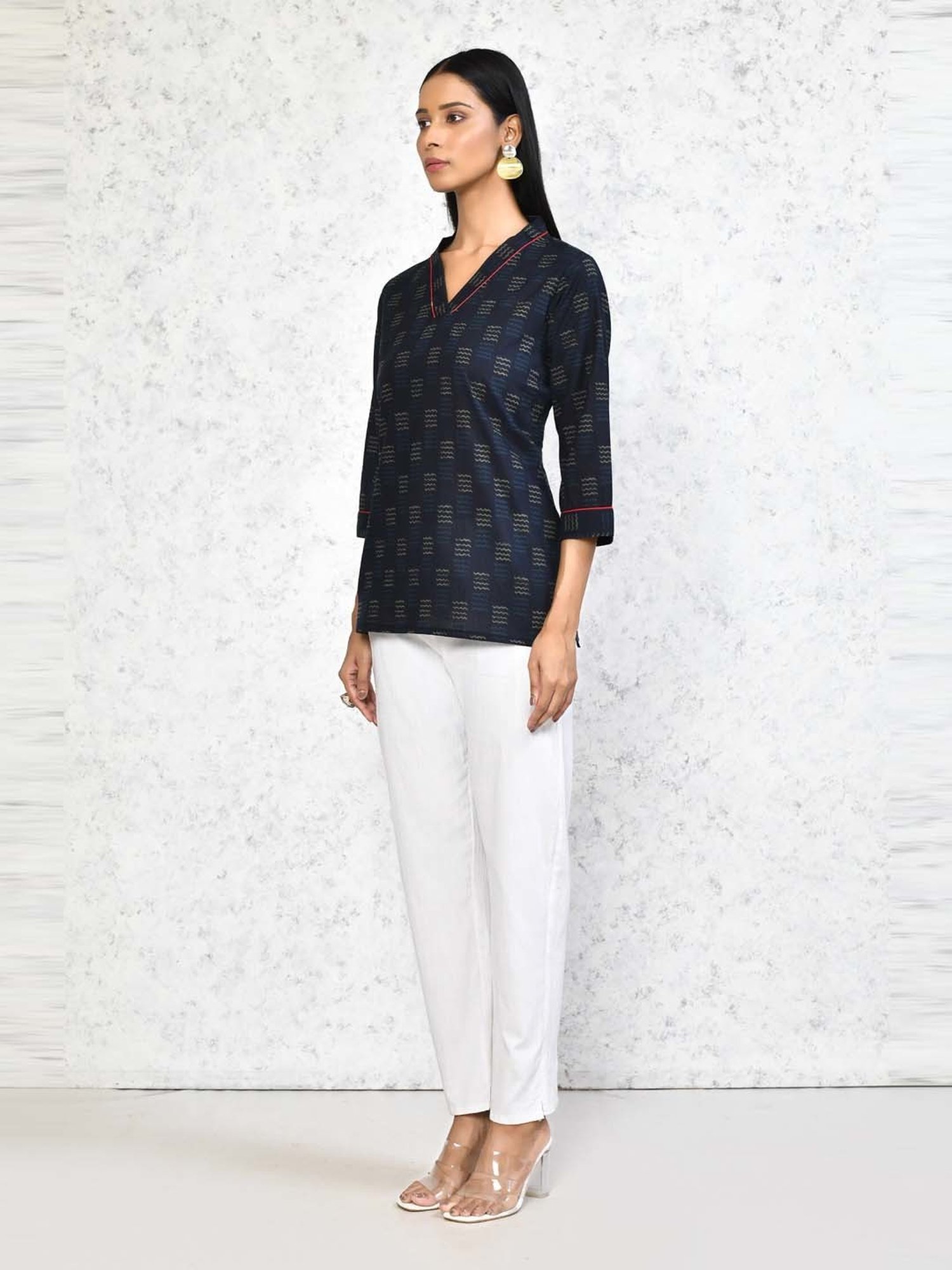 Miravan Blue Cotton Printed A Line Short Kurti