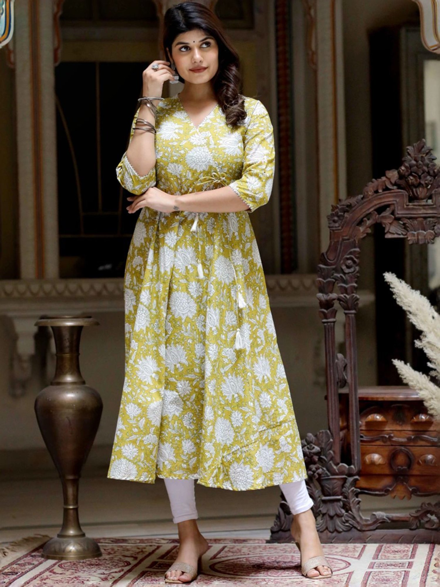 Miravan Green Cotton Angrakha Floral Print Kurta