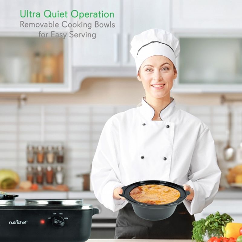 NutriChef Portable Dual Pot 5.3 Quart Electric Slow Cooker Buffet Food Warmer Chafing Serving Dish with Glass Lids and Individual Temperature Control