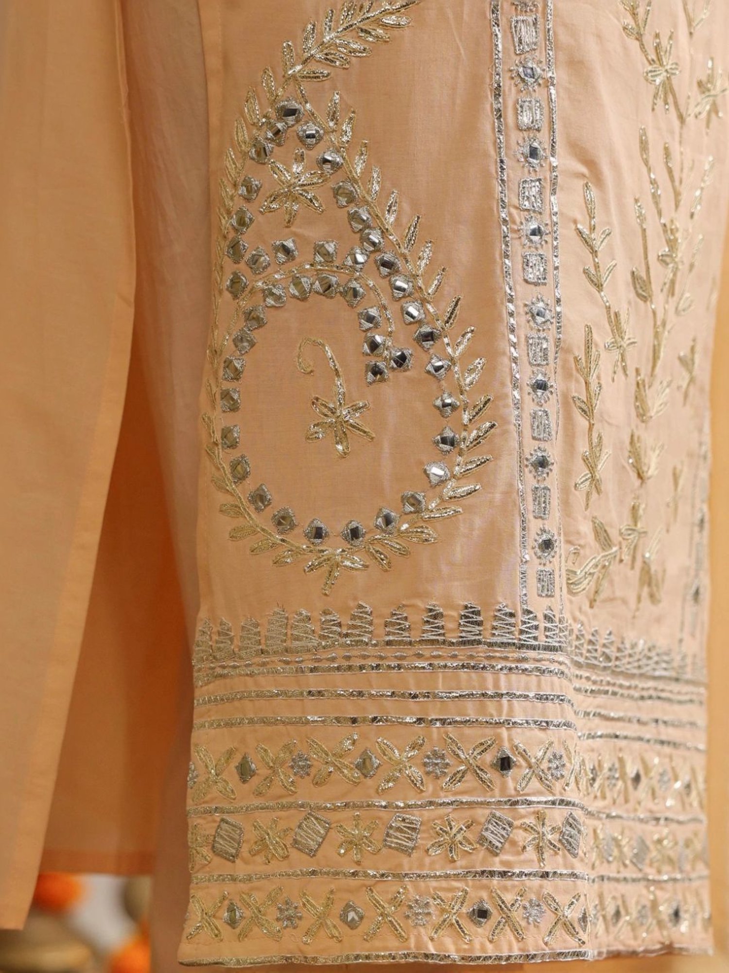 SCAKHI Peach Cotton Gota & Mirror Work Kurta and Pant With Dupatta