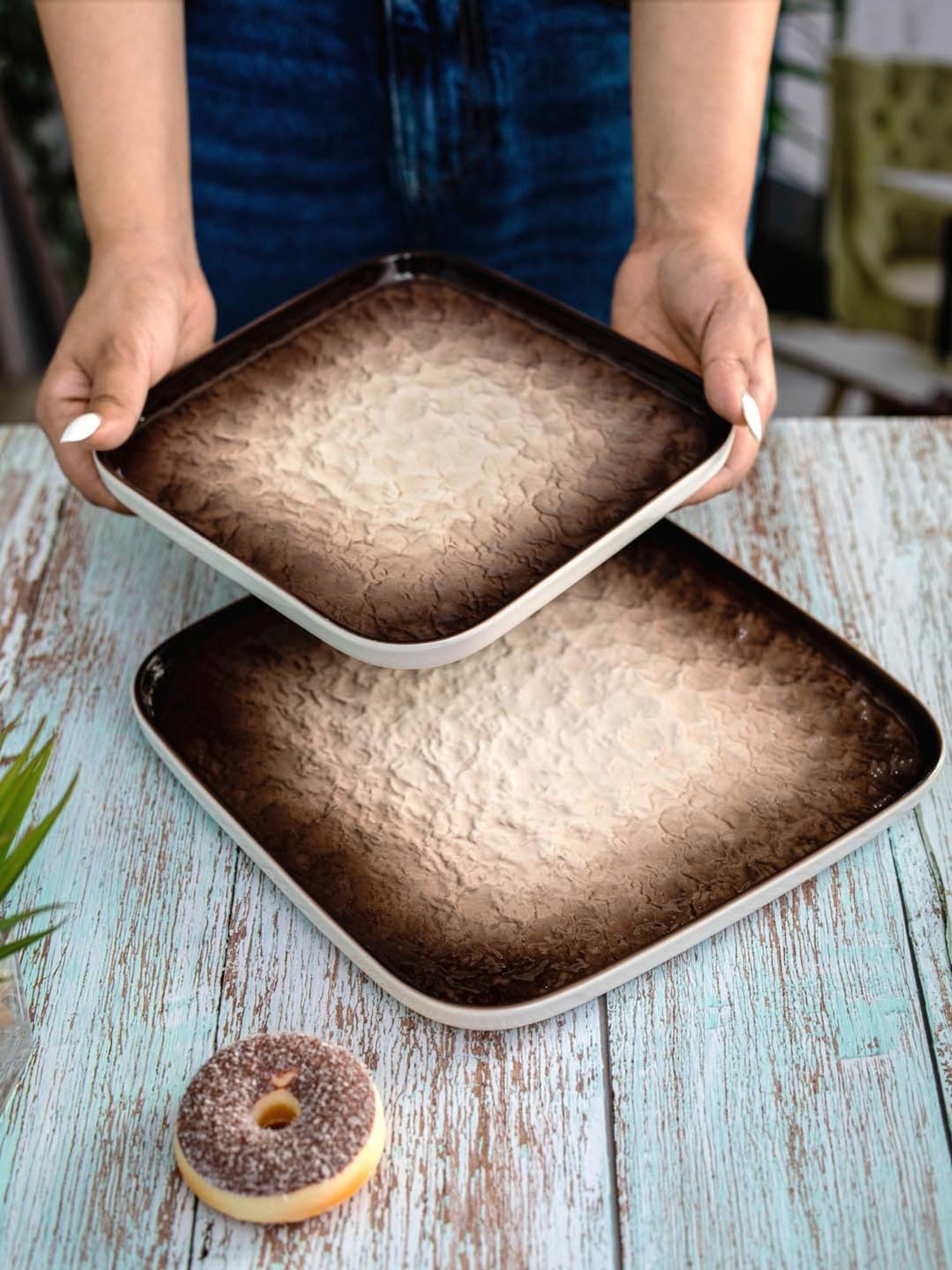 White Gold White & Brown Porcelain Square Snack Platters - Set of 2