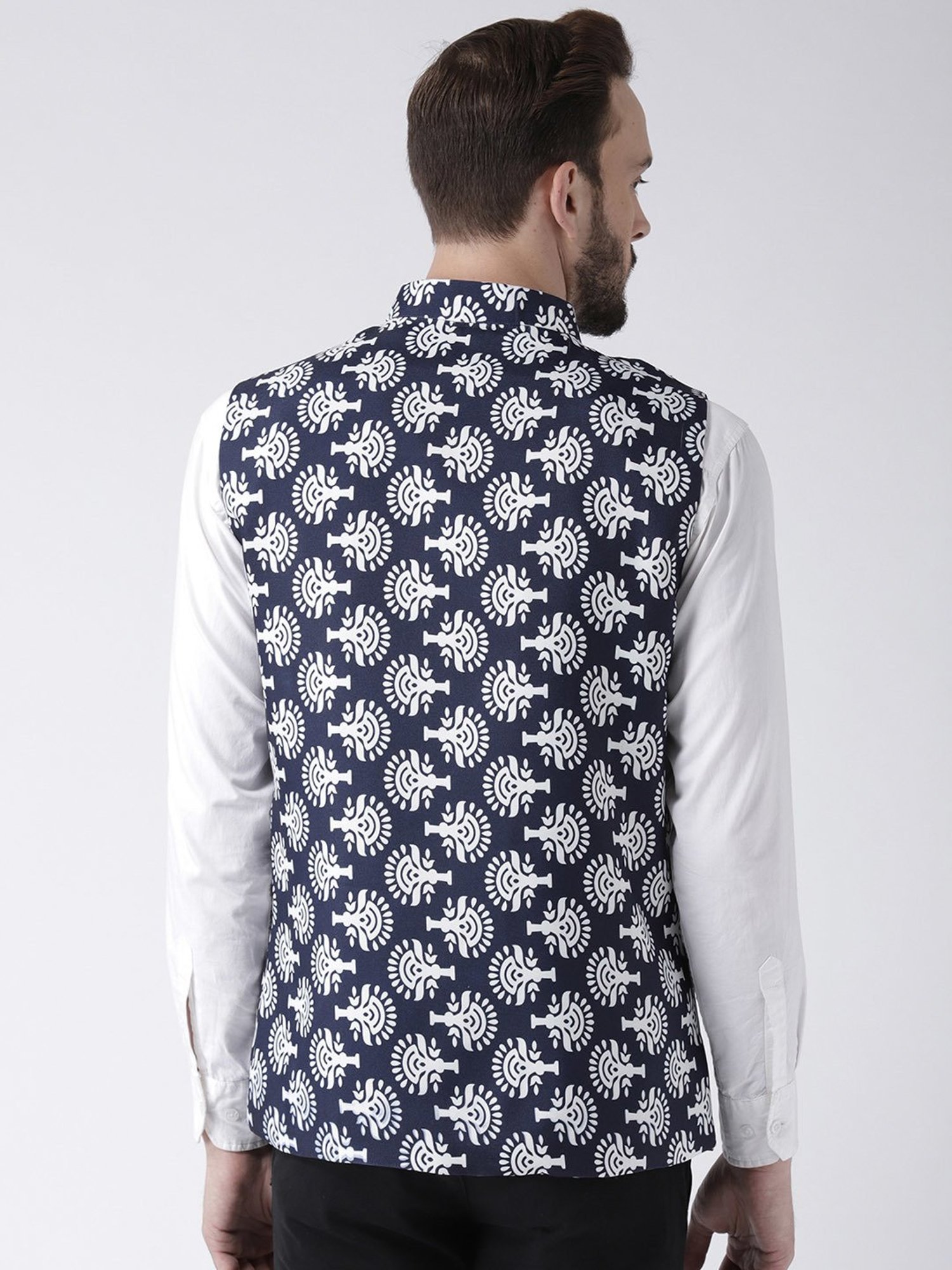 Hangup Plus Navy & White Regular Fit Printed Nehru Jacket