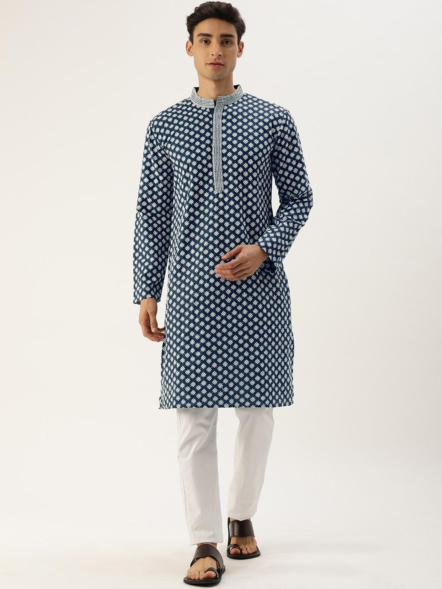 SWAGG INDIA Bright Blue Cotton Regular Fit Embroidered Kurta