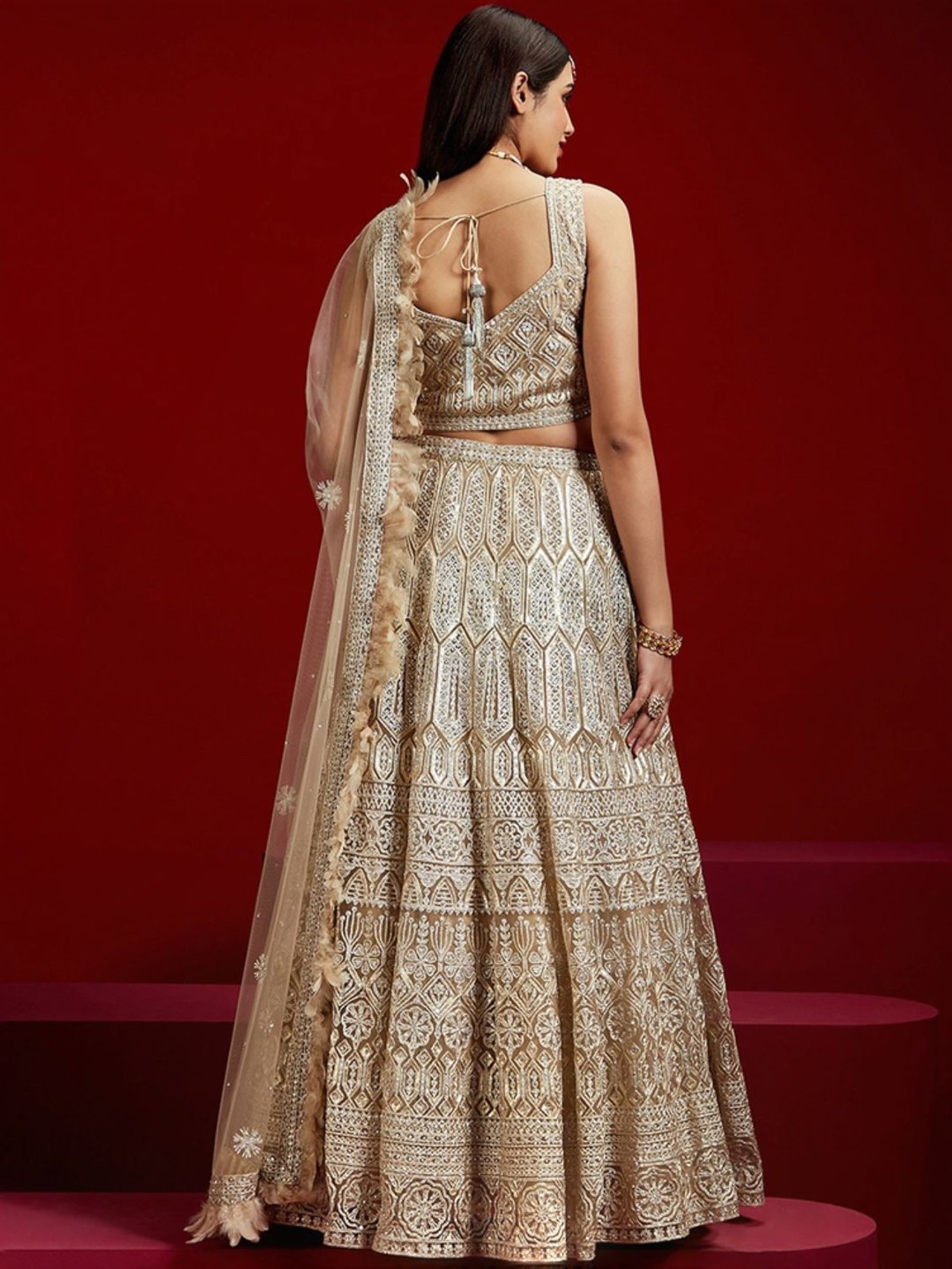 Silk Land Beige & Blue Woven Pattern Semi Stitched Lehenga Choli Set With Duppata