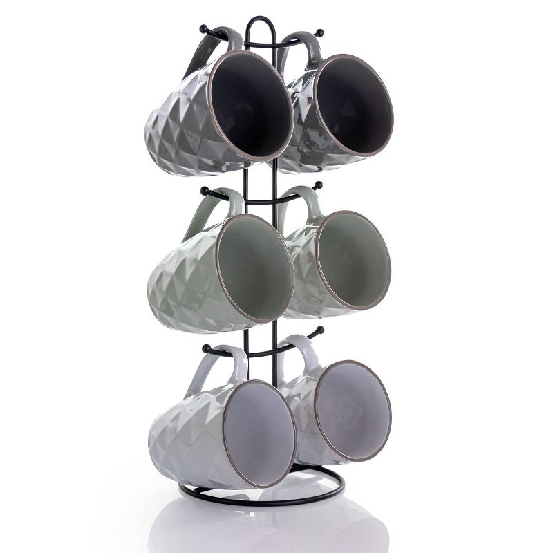 12oz 6pc Porcelain Diamond Waves Assorted Mug Set with Stand - Elama