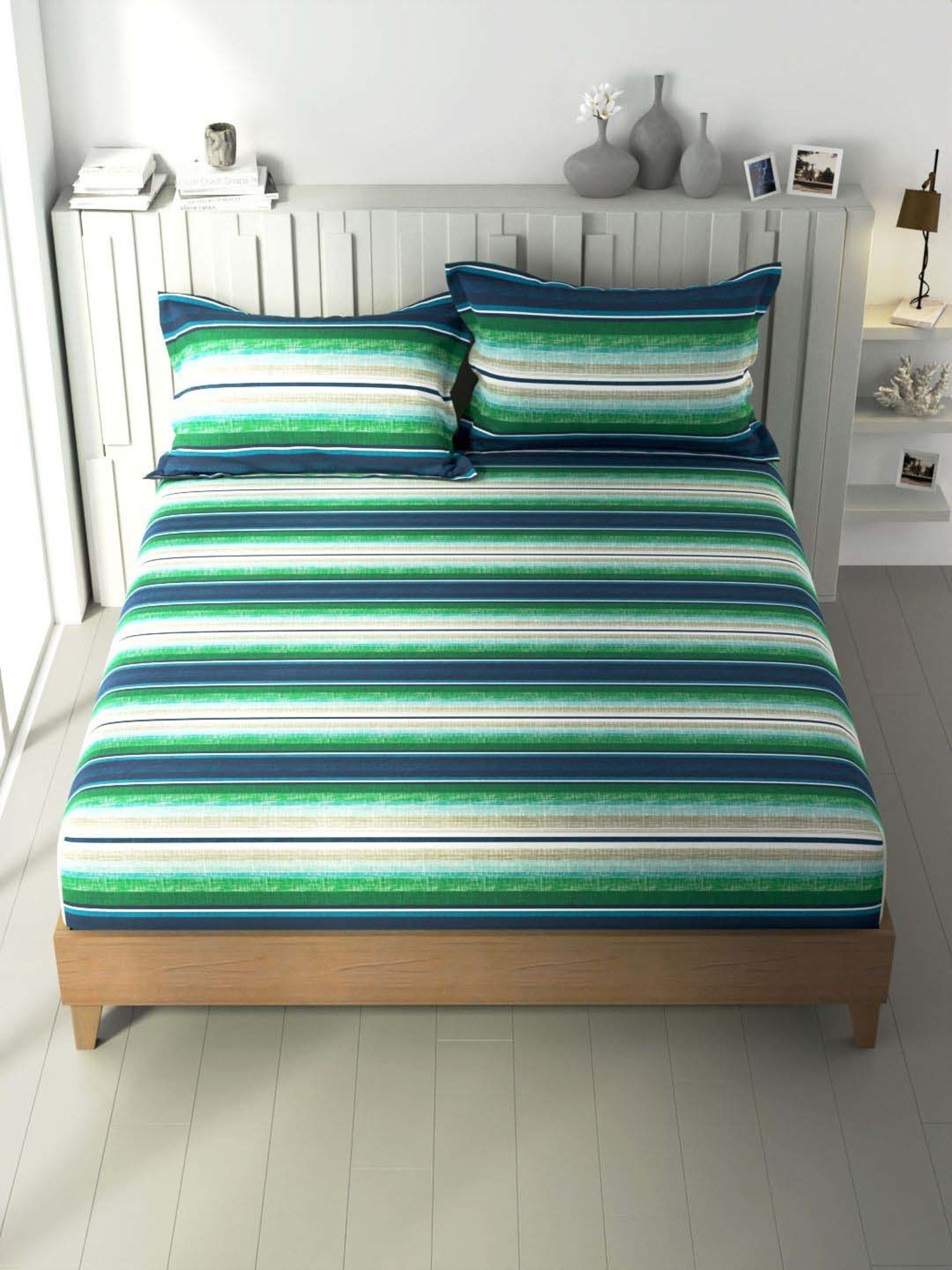 NAUTICA Ocean View Blue & Green Cotton 160 TC King Bedsheet with 2 Pillow Cover