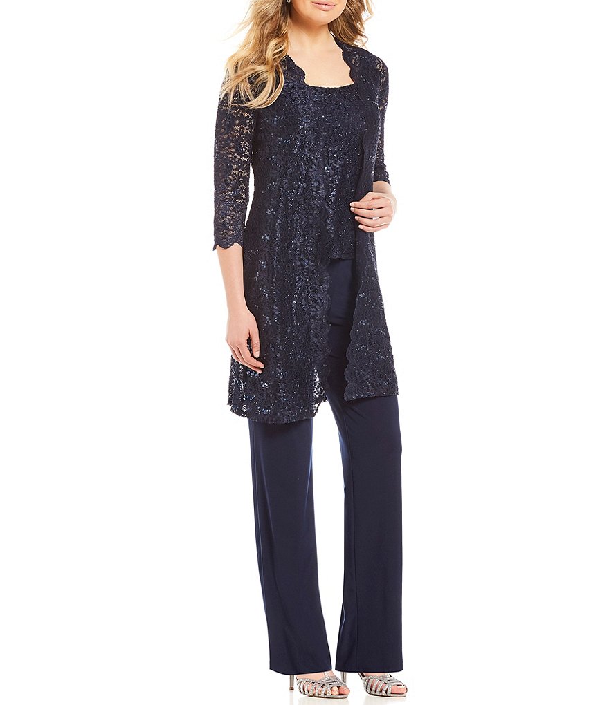 R & M Richards 3-Piece Sequin Glitter Scallop Lace Duster Pant Set