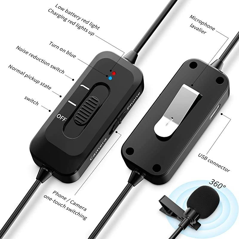 Microphone Rechargeable Omnidirectional Clip On Lapel Mic with LED Indicator for Recording Interview VloggingCamera DSLR Smartphone Laptop with Noise Cancellation