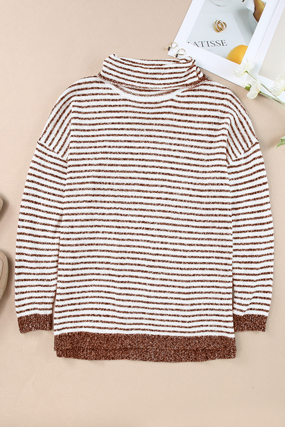 Brown Striped Turtleneck Oversized Sweater