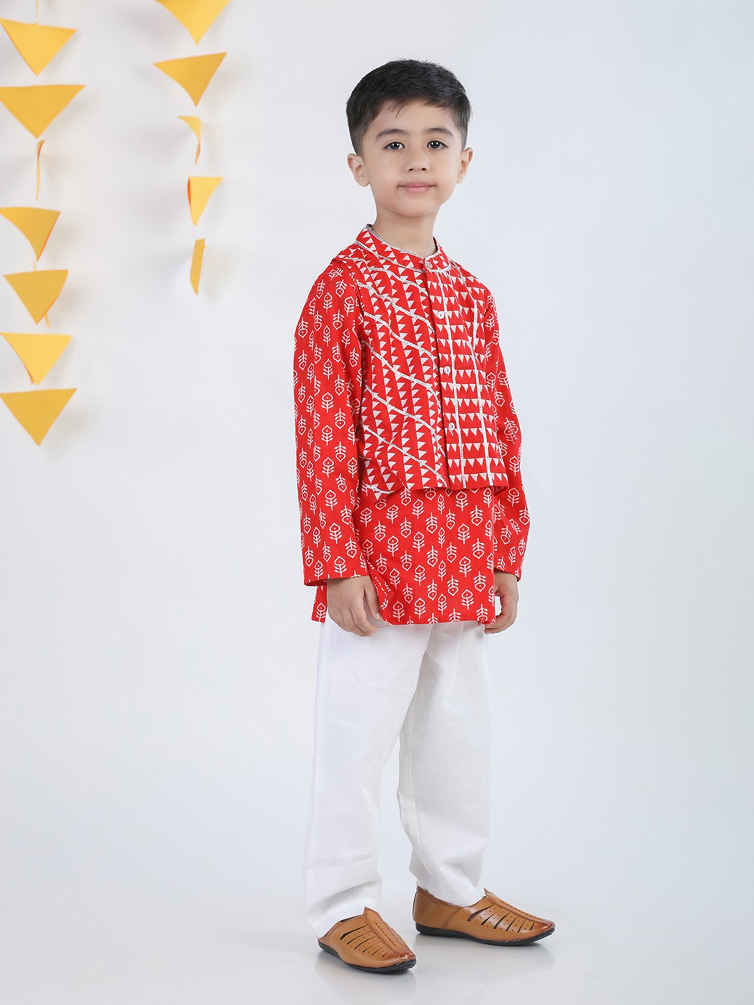 Budding Bees Kids Red & White Printed Full Sleeves Kurta, Jacket, Pants with Wallet