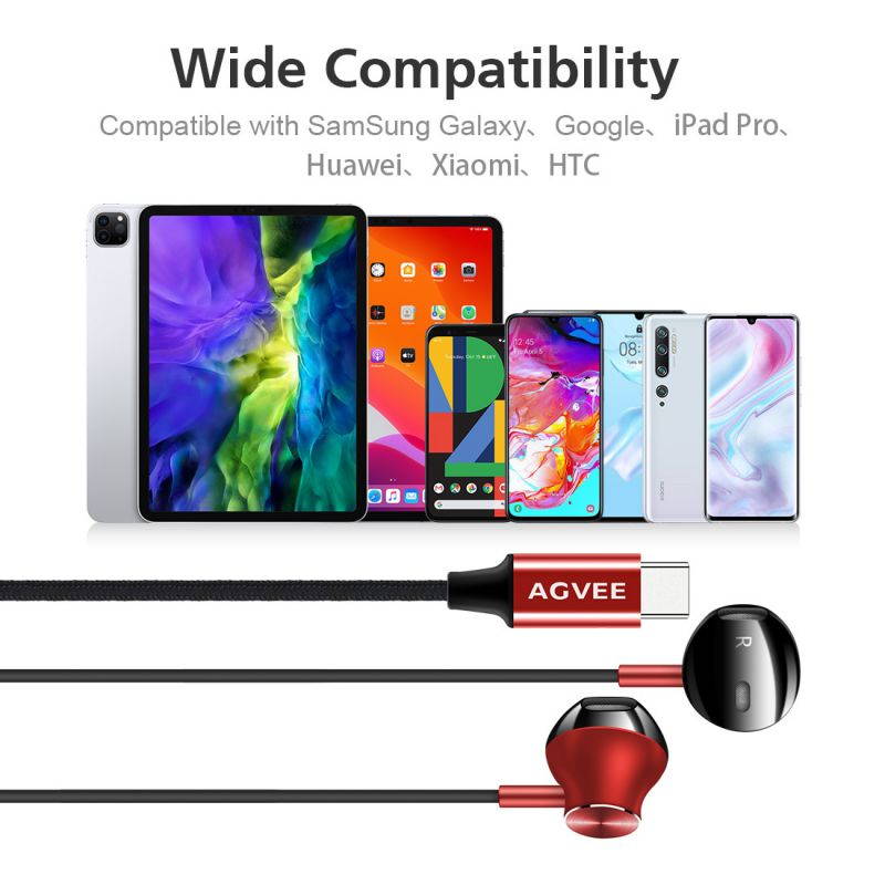 AGVEE Digital USB-C Headphones, Type-C Eabuds Active Noise Cancelling in-Ear Earphones with Mic Wired 32Bit 384Khz for Samsung S21 S20, Note 20 10, iPad Pro 2020 2018, Pixel 5 4 3 2, Red