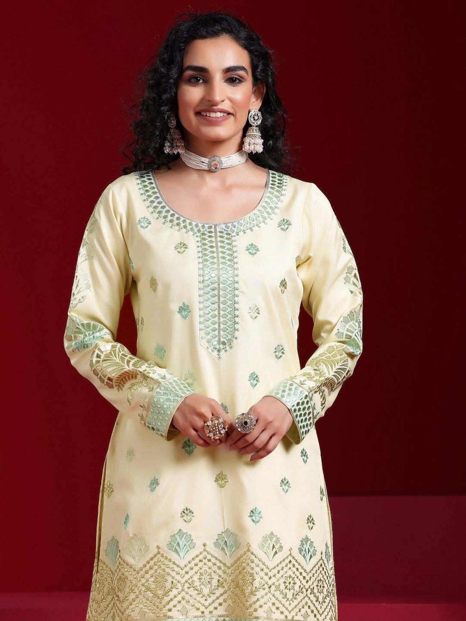 Libas Art Beige Embroidered Kurti Palazzo Set With Dupatta