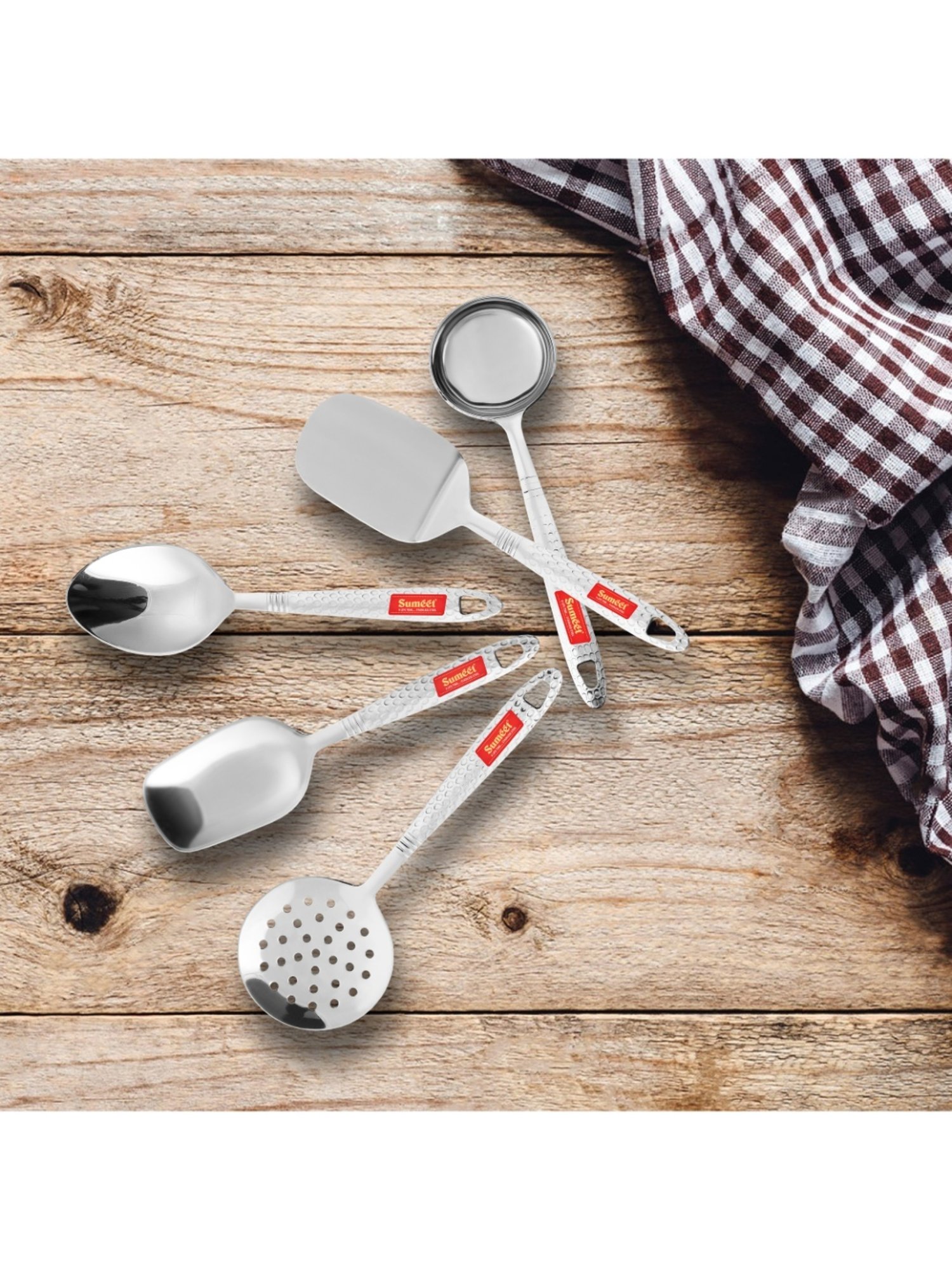 Sumeet S.S.Small Serving&Cooking Spoon Set-5pc(1Turner,1Serving Spoon,1Skimmer,1Basting Spoon,1Ladle