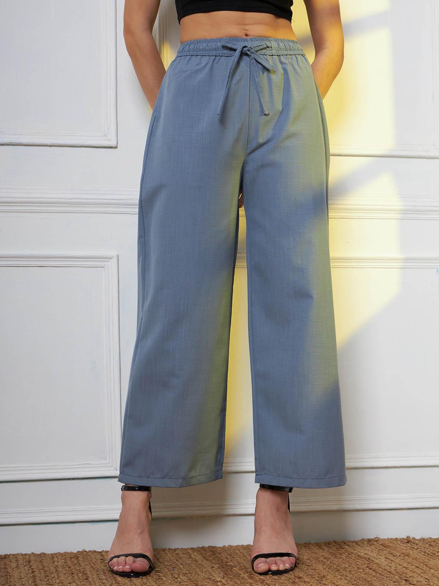 FITHUB Blue Straight Fit High Rise Trousers