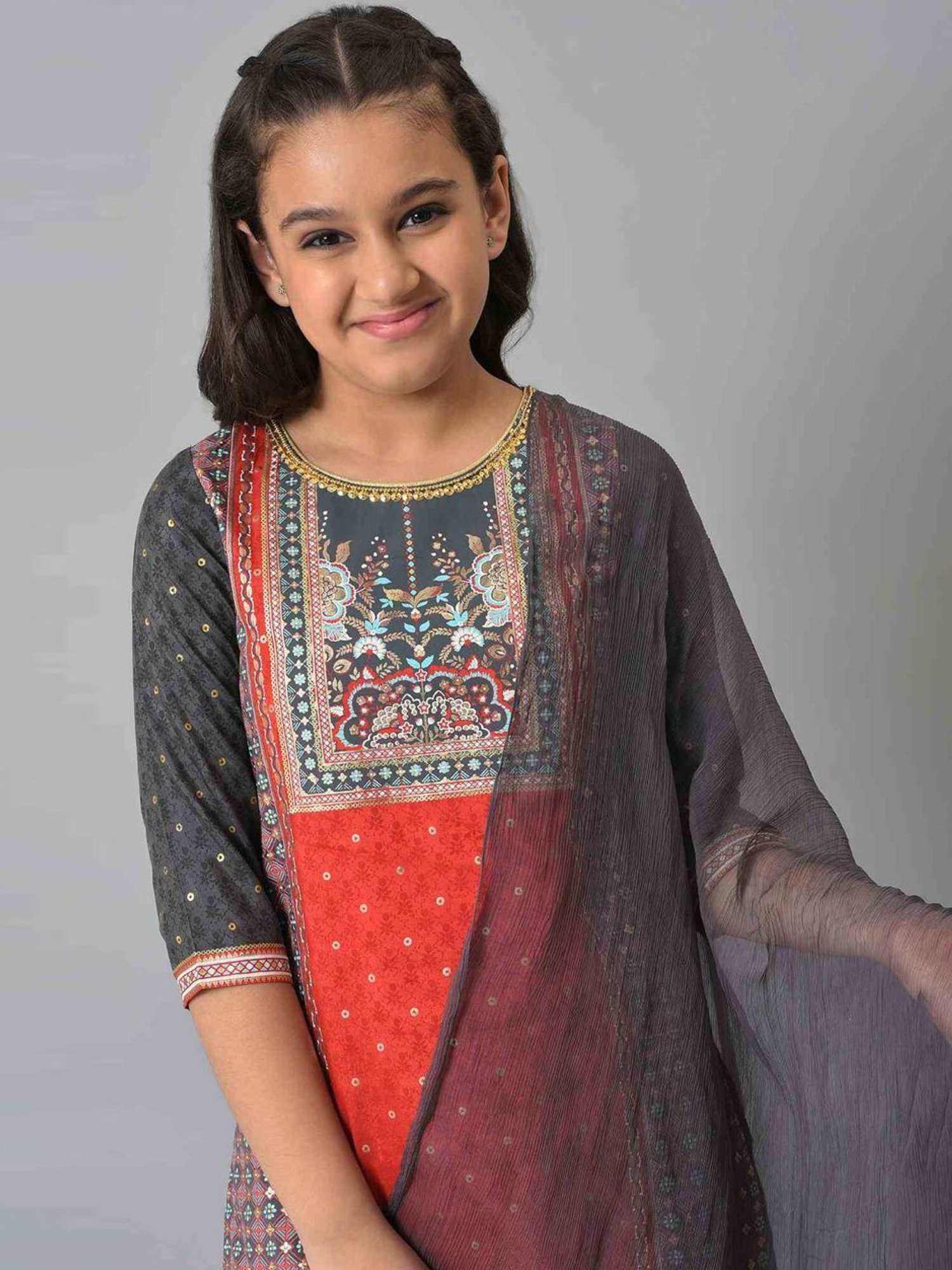 Aurelia Kids Red & Grey Floral Print Kurta Set