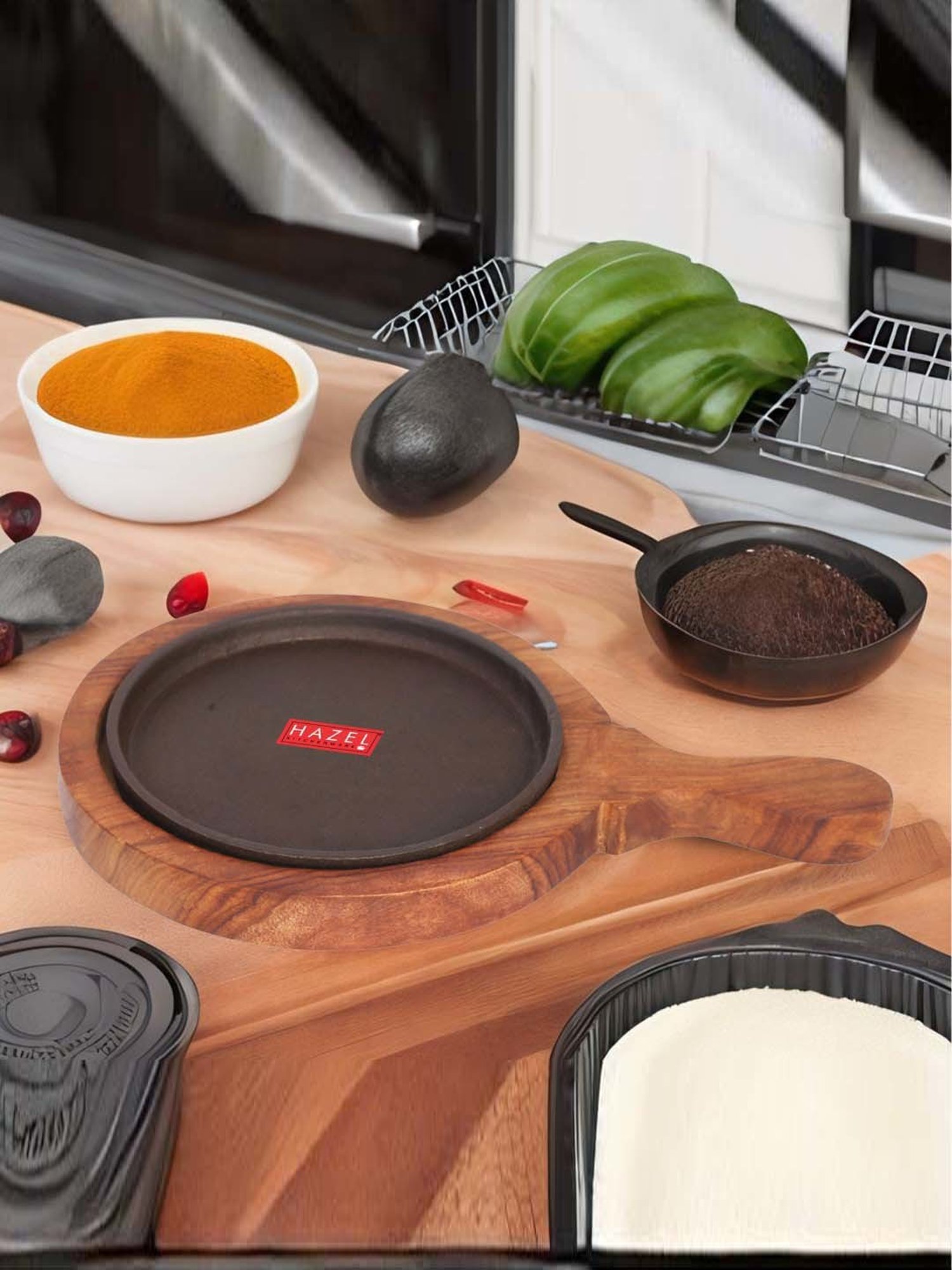 HAZEL Brown Wood 17.78 cm Round Sizzler Plate With Racket