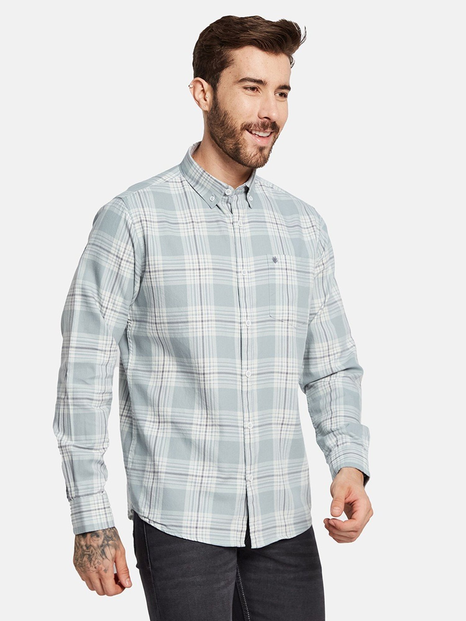 Mettle Green Cotton Regular Fit Checks Shirt