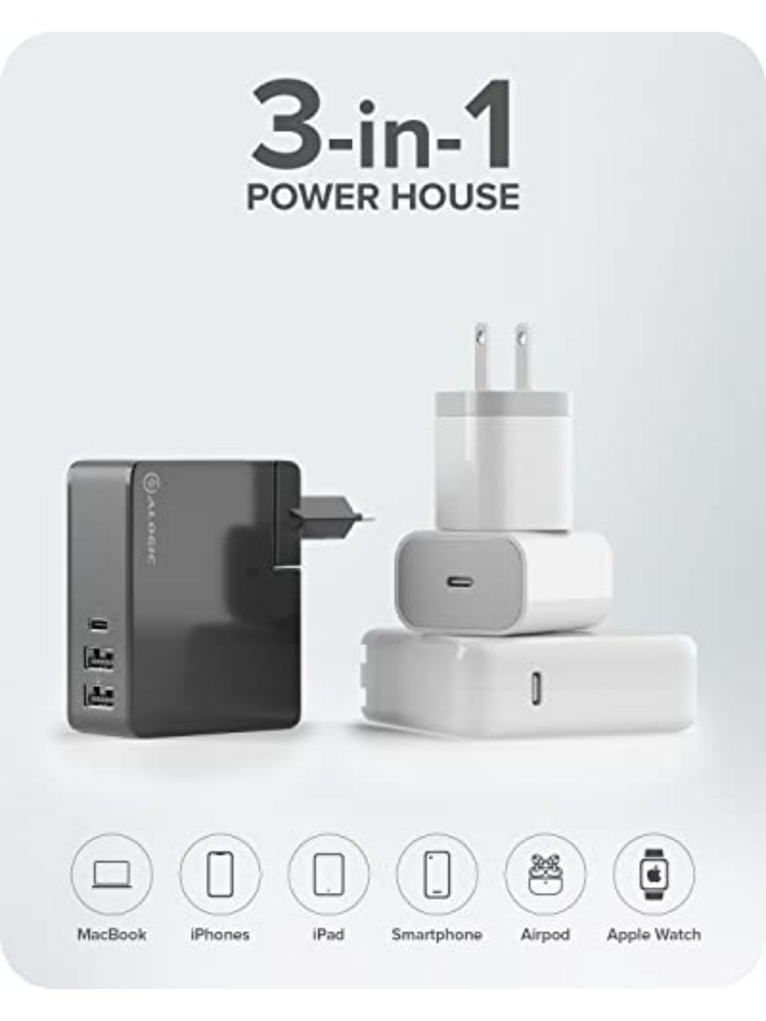 ALOGIC 3 Port USB-C & USB-A 45W Travel Charger with Multi Country Plugs (Black)