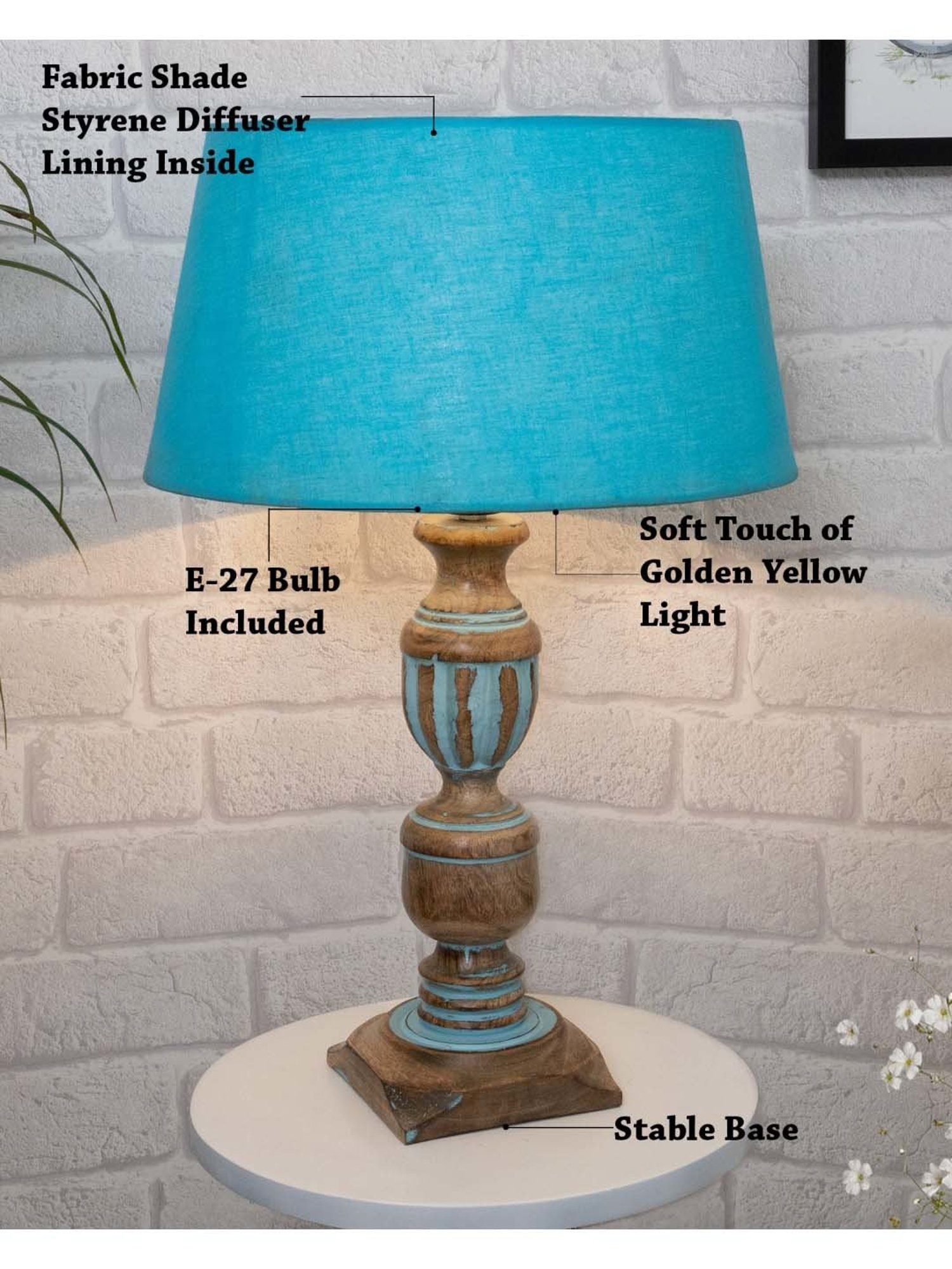 Homesake 'Rustic Distress' Turquoise & Brown Wood Trophy Carved Table Lamp with Shade - Set of 1