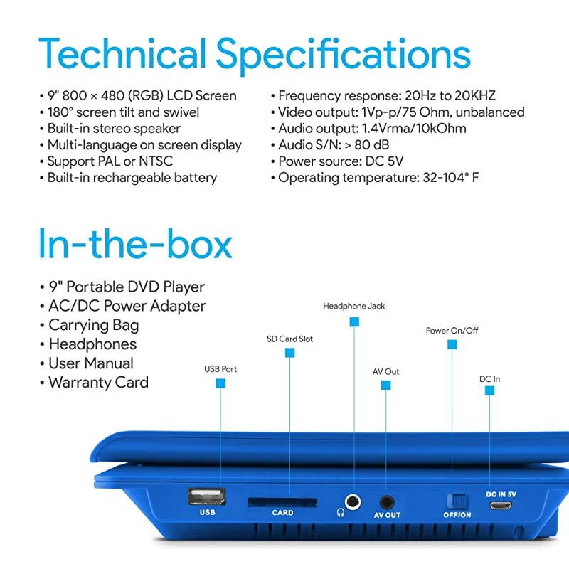 Portable DVD Player with 9-inch LCD Swivel Screen, Travel Bag and Headphones, Blue